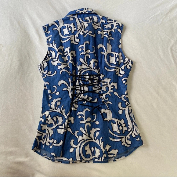 Anne Fontaine Blue Embroidered Sleeveless Button Down Blouse Size Womens 38/US 6 - Picture 2 of 6